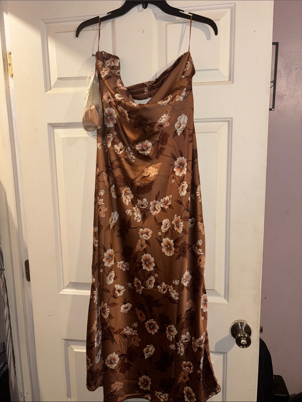 T.J.Maxx Brown Floral Satin Maxi Dress with White Blossoms